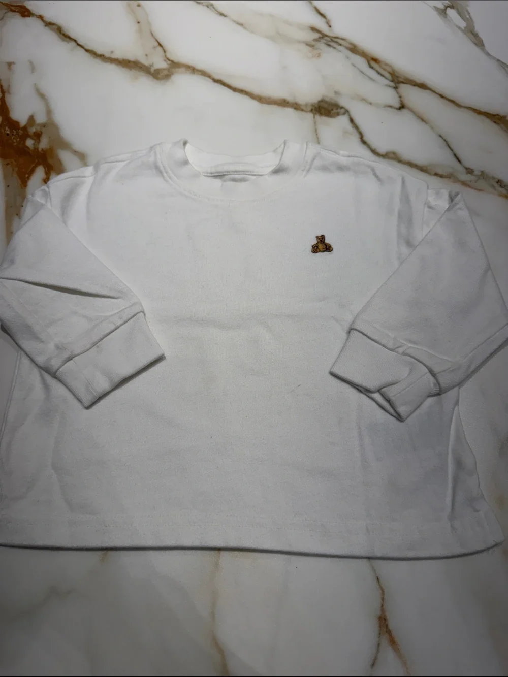 GAP White Long-Sleeve Crewneck Top with Tiny Bear Patch